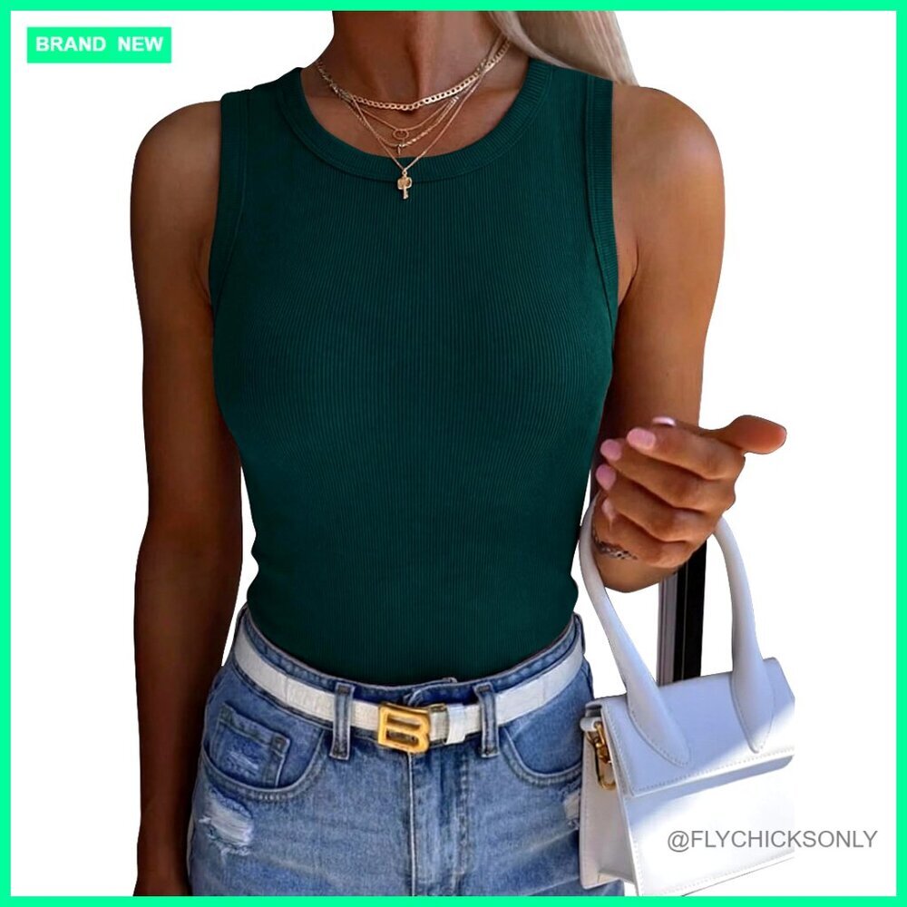 Sleeveless Ribbed Tank Top Slim Fitted Racerback Crewneck Summer Basic
